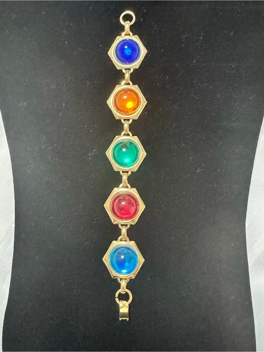 Avon Gold-Tone Bracelet with Blue, Orange, Green and Red Cabochons